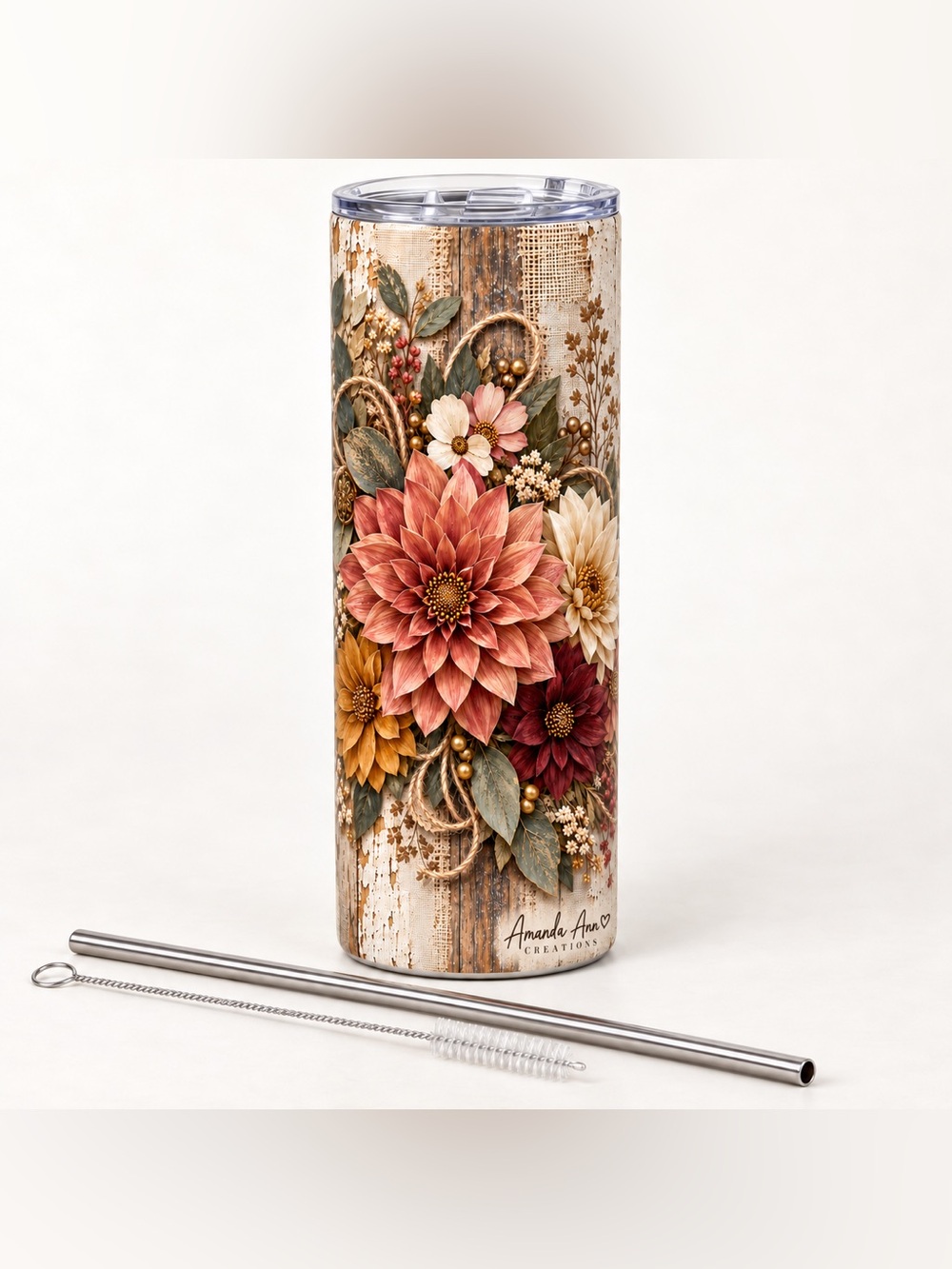 20 oz Rustic 3D Floral Tumbler | Boho Farmhouse
